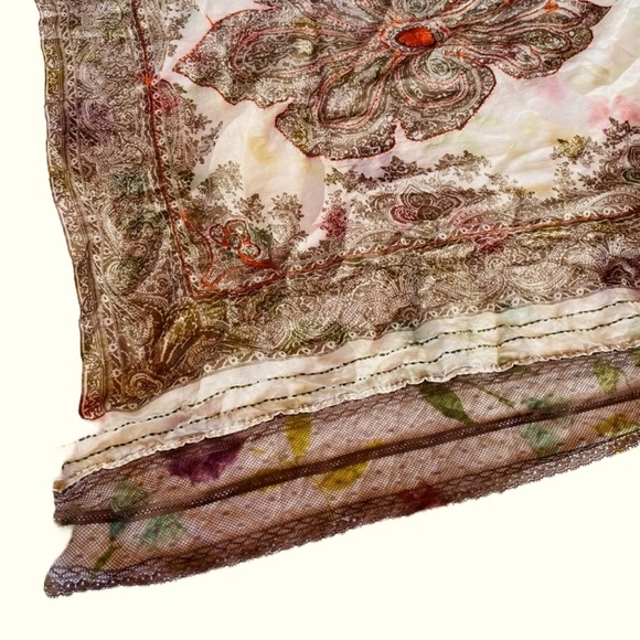 Stunning Silk Tan Orange Sete De Jaipur Mixed Media Mesh Embroidered Silk Scarf - Picture 7 of 15